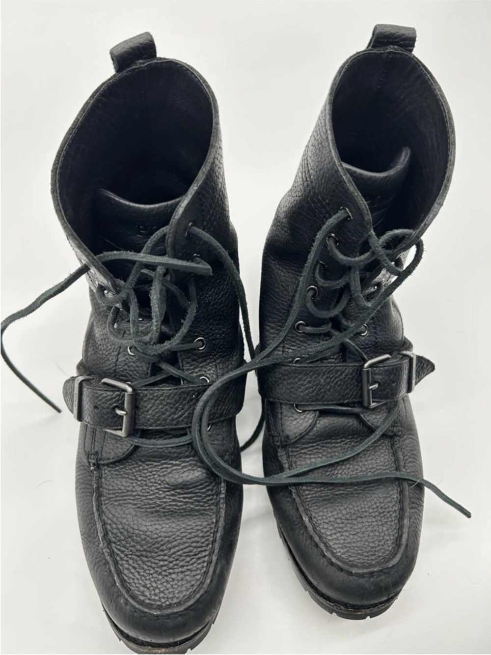 Polo by Ralph Lauren Black Leather Lace-Up Buckle Combat Boots